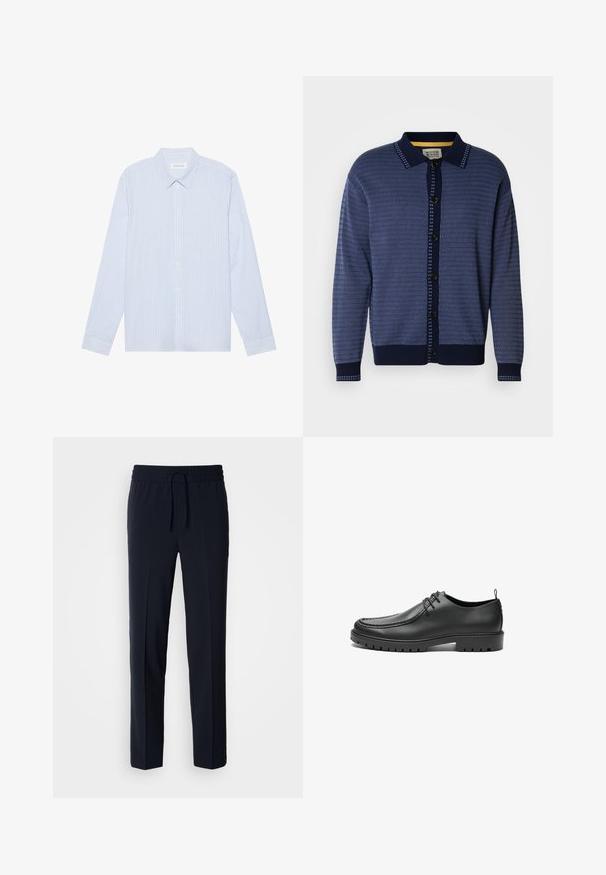 Cardigan en maille bleu marine avec un motif texturé, col, boutonnage à l'avant et accents contrastants le long de la patte de boutonnage et des poignets.; Chemise à manches longues à rayures bleu clair. Elle possède un col traditionnel, des boutons blancs et un tissu en mélange de coton lisse.; Pantalons légers bleu marine avec une taille élastique et un cordon de serrage réglable, présentant un design coupe droite et une texture lisse.; Chaussures en cuir noir avec une finition lisse, bout arrondi et coutures décoratives. Elles possèdent une semelle en caoutchouc avec des rainures de traction et un laçage.