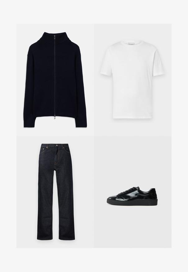 Marineblå ribstrikket sweater med lange ærmer, høj krave og en fuld sølv lynlås foran, liggende fladt på en hvid baggrund.; Hvid kortærmet t-shirt lavet af bomuld. Har en rund halsudskæring og lige kant. Ingen mønstre eller udsmykninger. Enkel design.; Mørkeblå denim jeans med lige ben-design, fem lommer og orange stikninger. Metalknap og lynlåslukning.; Sorte laklæder sneakers med rund tå, snørredesign, tekstureret gummisål og en glat overflade.