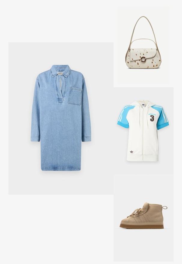 Valkoinen vetoketjullinen huppari, jossa on lyhyet siniset hihat ja ruskeana "adidas"-logo sekä numero "3". Olkapäillä ja hupussa raidalliset yksityiskohdat.; Vaaleansininen farkkunettu mekko, jossa on kaulus, 3/4-pituiset hihat, kapea V-pääntie ja rintatasku. Tasainen rakenne ja muotoiltu design.; Beige mokkasukasta valmistetut korkeat lenkkarit, joissa on paksu kumipohja, taitettava kieli, pyöreä kärki ja koristeelliset nauhat.; Kermanvärinen käsilaukku, jossa ruskeita laikkuja, kaareva läppä jossa pyöreä metallinen lukko, varustettu kahdella ohuella hihnalla, joista toinen pidempi olkapään käyttämiseen.