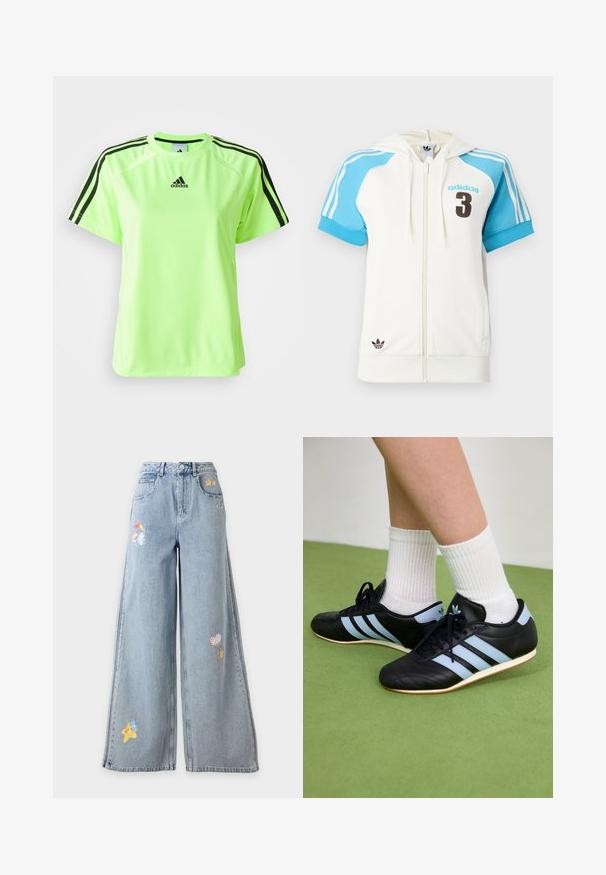Biela mikina na zips s krátkymi modrými rukávmi, s logom "adidas" a číslom "3" v hnedej farbe. Prúžkované detaily na ramenách a kapucni.; Neón zelené športové tričko vyrobené z tkaniny s odvodom vlhkosti. Obsahuje čierny dizajn s tromi pruhmi na pleciach a logo umiestnené na hrudi.; Svetlomodré široké rifle s nášivkami Care Bears, vrátane hviezd, balónov v tvare srdca a postáv držiacich dáždnik.; Čierne kožené športové topánky so svetlomodrými pruhmi, textúrovanými zvrškom a gumovou podrážkou, v kombinácii s bielymi rebrovanými ponožkami na zelenej podlahe.