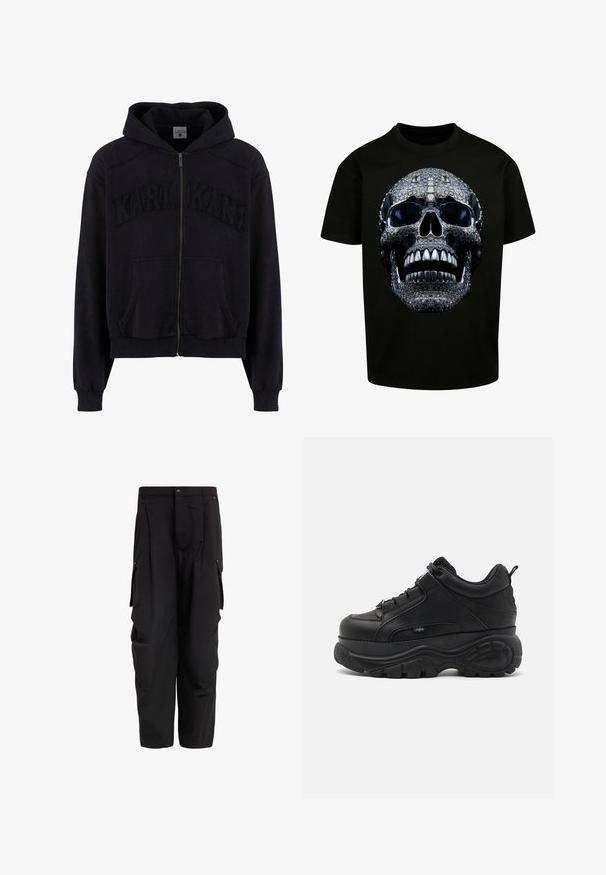 Sudadera con capucha y cremallera en mezcla de algodón azul marino oscuro. Presenta el logotipo bordado "KARL KANI", bolsillos frontales y puños y dobladillo acanalados.; Camiseta negra con un gran gráfico de una calavera plateada, con texturas detalladas y acentos brillantes en la superficie.; Pantalones cargo negros con pliegues, múltiples bolsillos laterales y un ajuste relajado. Hechos de tela ligera para mayor comodidad. Cierre frontal con botones.; Zapatillas chunky de cuero negro con una suela de goma gruesa, diseño elegante y detalles texturizados. Cuentan con cordones y una pestaña en el talón.