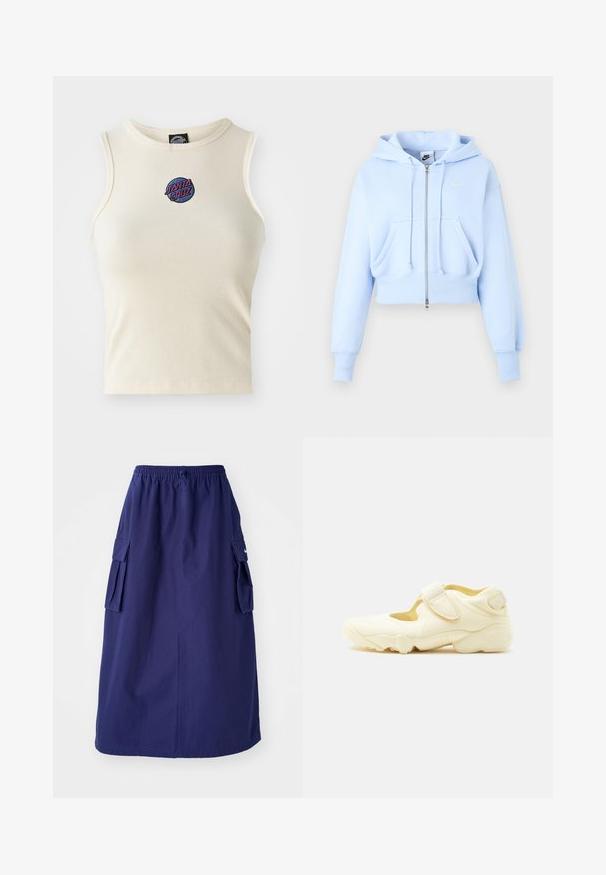 Lyseblå Nike hættetrøje med lynlås, frontlommer, snøre i hætten, ribkanter og et lille swoosh-logo på brystet.; Creme ribbet tanktop med rund hals og uden ærmer, med et broderet "Santa Cruz" logo i pink og blå på forsiden.; Marineblå, mellemlang nederdel med elastisk talje, der har to sidelommer og et minimalistisk logodesign. Glat stofstruktur.; Beige sportssko med tyk sål, udskæringsdesign og to justerbare velcroremme på hvid baggrund.