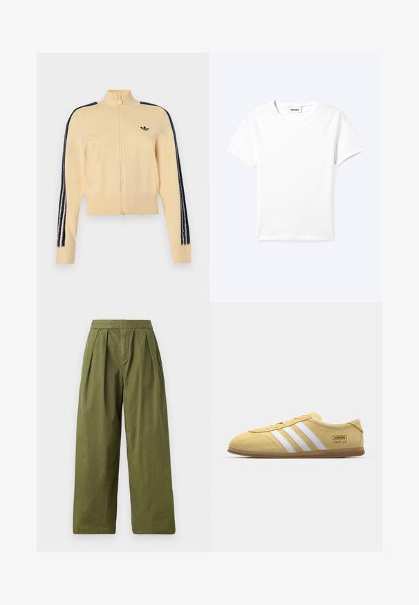 Beige trainingsjack met rits en hoge kraag, zwart Adidas trefoil-logo op de borst en drie zwarte strepen langs elke mouw.; Effen wit T-shirt met korte mouwen en ronde hals met een klein "WEEKDAY" label aan de binnenkant van de hals, plat neergelegd op een lichte achtergrond.; Olijfgroene wijde broek van lichtgewicht stof, met plooien bij de taille en een naadloze structuur zonder zakken.; adidas Originals GAZELLE LO PRO W - Sneakers laag - almost yellow/footwear white