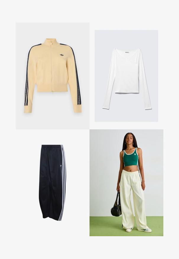 Béžová tréningová bunda na zips s vysokým golierom, čierne logo Adidas trefoil na hrudi a tri čierne pruhy na každom rukáve.; Biela blúzka s dlhým rukávom a prekríženým dizajnom, s vreckom. Vyrobená z hladkej, elastickej látky. Strih v uvoľnenom, voľnom štýle.; Čierne teplákové nohavice Adidas s elastickým pásom, biele trojité pruhy po bokoch, vrecko na zips a logo na ľavej nohe.; Zelený skrátený top bez rukávov s bielym lemovaním, skombinovaný s širokými krémovými nohavicami. Model drží malú čiernu tašku. Jednoduché tenisky.
