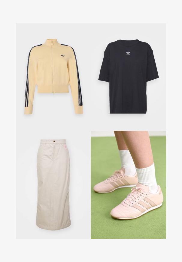 Béžová tréningová bunda na zips s vysokým golierom, čierne logo Adidas trefoil na hrudi a tri čierne pruhy na každom rukáve.; Čierne bavlnené tričko s krátkymi rukávmi, okrúhlym výstrihom, na hrudi s bielym logom Adidas. Jednoduchý dizajn, voľný strih.; Béžová sukňa s pruhmi a vysokým pásom, skrytý zips a kovové zapínanie na gombík. Obsahuje malú značkovú etiketu na prednej strane.; Svetloružové športové topánky s diagonálnym šitím, bielymi podrážkami a tromi bočnými pruhmi. Nosené s rebrovanými bielymi ponožkami na zelenej ploche.