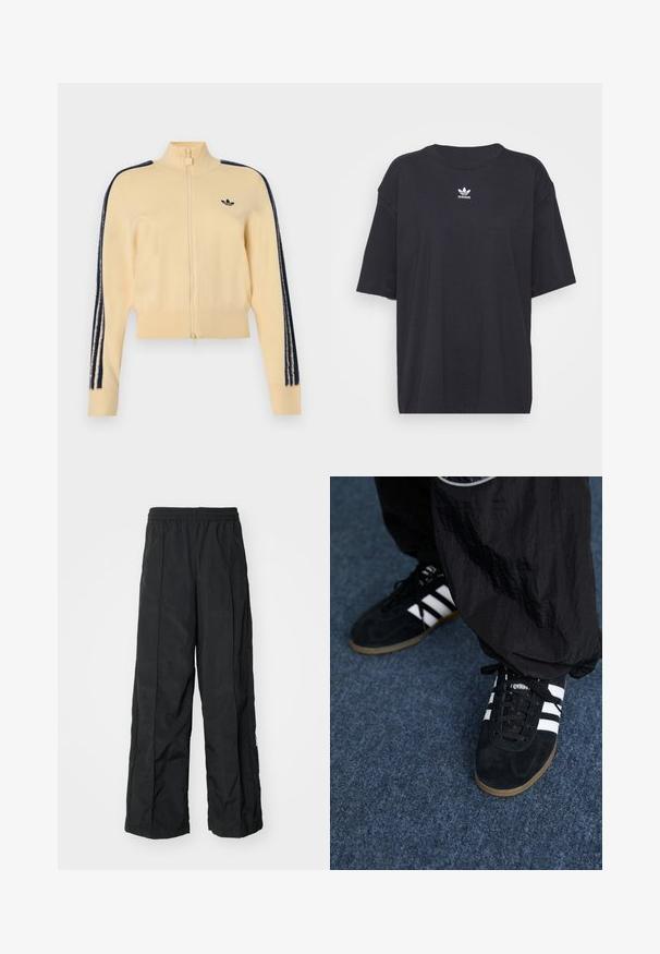 Béžová tréningová bunda na zips s vysokým golierom, čierne logo Adidas trefoil na hrudi a tri čierne pruhy na každom rukáve.; Čierne bavlnené tričko s krátkymi rukávmi, okrúhlym výstrihom, na hrudi s bielym logom Adidas. Jednoduchý dizajn, voľný strih.; Čierne nohavice s širokými nohavicami a elastickým pásom, ktoré sa vyznačujú hladkou textúrou a bočnými švovými detailmi pre lepší dizajn.; Čierne roháčiky z semišu so tromi bielymi pruhmi a čiernymi šnúrkami. Texturované čierne nohavice sú čiastočne viditeľné vedľa topánok.