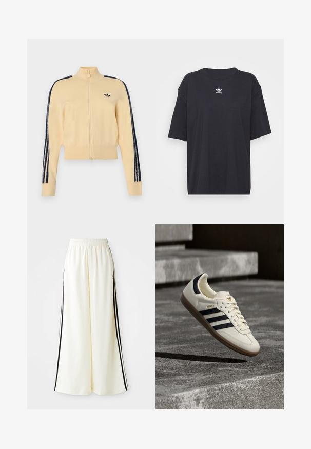 Chaqueta deportiva beige con cremallera y cuello alto, logo negro de Adidas trefoil en el pecho y tres franjas negras a lo largo de cada manga.; Camiseta de algodón negra con mangas cortas, cuello redondo, presenta un logo blanco de Adidas en el pecho. Diseño simple, ajuste relajado.; Pantalones anchos blancos con cintura elástica y rayas verticales negras a lo largo de las costuras exteriores.; Zapatilla blanca Adidas Samba con franjas negras y suela de goma, flotando sobre escalones de hormigón gris texturizado.