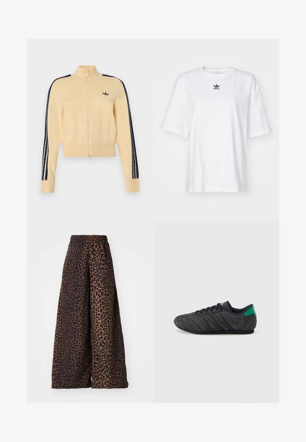 Beige trainingsjack met rits en hoge kraag, zwart Adidas trefoil-logo op de borst en drie zwarte strepen langs elke mouw.; Witte korte mouwen t-shirt van katoen. Voorzien van een ronde hals en een klein zwart Adidas-logo op de borst. Rechthoekige zoom.; Wijdvallende broek van gladde stof, met een bruine achtergrond en een zwart panterprintpatroon, en een elastische tailleband.; Zwarte sneakers met een laag profiel, een subtiel bloemenpatroon, zwarte veters, een groene hielband en een gouden logo op de tong en hiel.