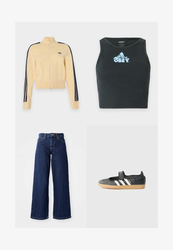 Béžová tréningová bunda na zips s vysokým golierom, čierne logo Adidas trefoil na hrudi a tri čierne pruhy na každom rukáve.; Čierny rebrovaný bavlnený krátky top s logom v svetlomodrej farbe umiestneným na hrudi. Bez rukávov s okrúhlym výstrihom.; Tmavomodré široké džínsy vyrobené z denimu, s uzáverom na gombík a zips, pútkami na opasok a klasickým dizajnom s piatimi vreckami.; Čierne kožené a zamšové tenisky s Velcro pásikom, s tromi bielymi pruhmi a gumenou podrážkou, označené nápisom "SAMBA" na boku.