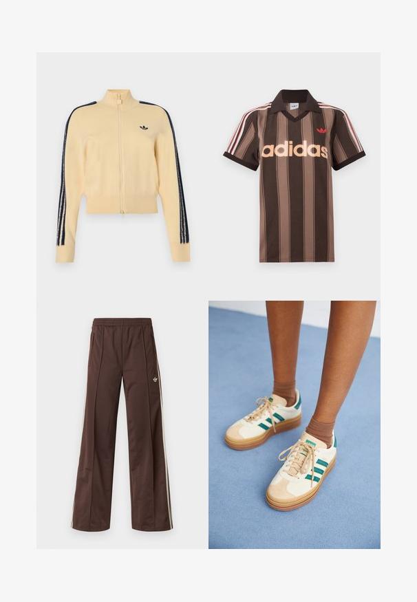 Beige trainingsjack met rits en hoge kraag, zwart Adidas trefoil-logo op de borst en drie zwarte strepen langs elke mouw.; Bruine gestreepte Adidas polo met V-hals, bordeauxrode kraag en rood logo. Heeft witte en rode schouderstrepen, korte mouwen.; Bruine sportbroek met een wijd uitlopende pijp, witte zijstrepen, een elastische tailleband en twee zijzakken. Heeft een klein logo op het been.; Beige sneakers met donkergroene strepen, rubberen zool, bovenwerk van suede en textiel, en neutrale hardware, gecombineerd met bruine sokken op een lichtblauwe ondergrond.