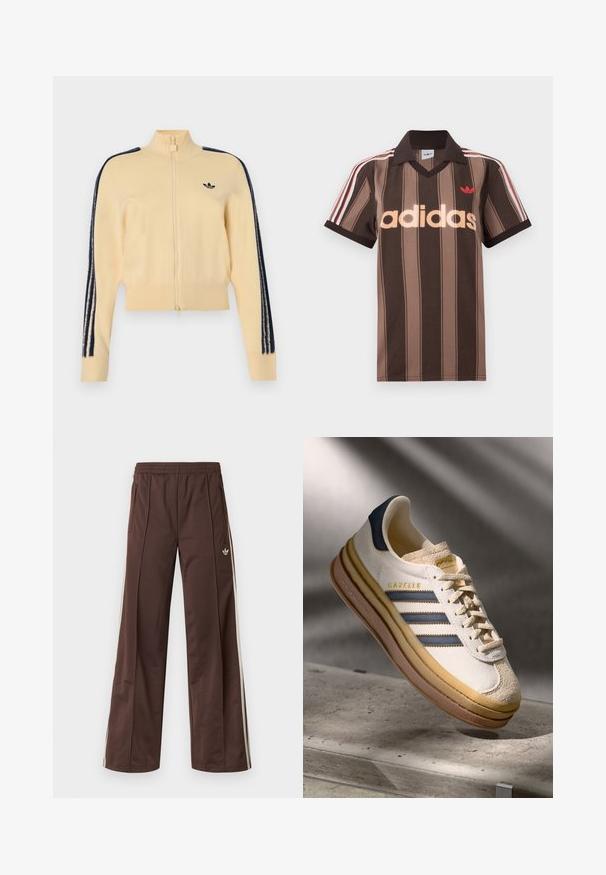 Beige trackjakke med lynlås og høj krave, sort Adidas trefoil-logo på brystet og tre sorte striber ned ad hver ærme.; Brunstribet Adidas polo-shirt med V-hals, bordeaux krave og rødt logo. Har hvide og røde skulderstriber samt korte ærmer.; Brune atletiske bukser med vidde ben, hvide striber på siden, elastisk linning og to sidelommer. Har et lille logo på benet.; Adidas Gazelle sneaker med en creme farvet ruskindsoverdel, blå læderdetaljer, tre blå striber, beige mellemsål og brune gummisål.
