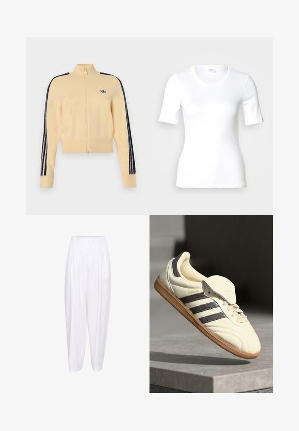 Beige trackjakke med lynlås og høj krave, sort Adidas trefoil-logo på brystet og tre sorte striber ned ad hver ærme.; Hvid T-shirt med korte ærmer lavet af glat bomuld, med rund halsudskæring og en tætsiddende pasform. Klassisk design uden mønstre eller detaljer.; Hvide linned bukser med høj talje, der har frontfolder og en afslappet silhuet, der smalner ind mod anklen. Glat tekstur, ingen mønstre.; Cremefarvede lædersneakers med tre mørke striber, en brun gummisål og en afrundet tå. Har en foldbar tunge mærket "SAMBA."