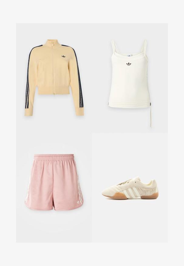 Beige trackjakke med lynlås og høj krave, sort Adidas trefoil-logo på brystet og tre sorte striber ned ad hver ærme.; Cremefarvet tanktop med tynde stropper; Adidas-logo i sort på brystet. Glat stof med en snorejustering ved kanten. Enkel design.; Lyserøde atletiske shorts med elastisk talje, hvid stribe detaljering på siden og et lille logo på den nederste venstre forside. Glat stofstruktur.; Lavprofileret beige sneaker med tre hvide striber, teksturerede ruskindssidepaneler, gummisål og snørelukning på ensfarvet baggrund.