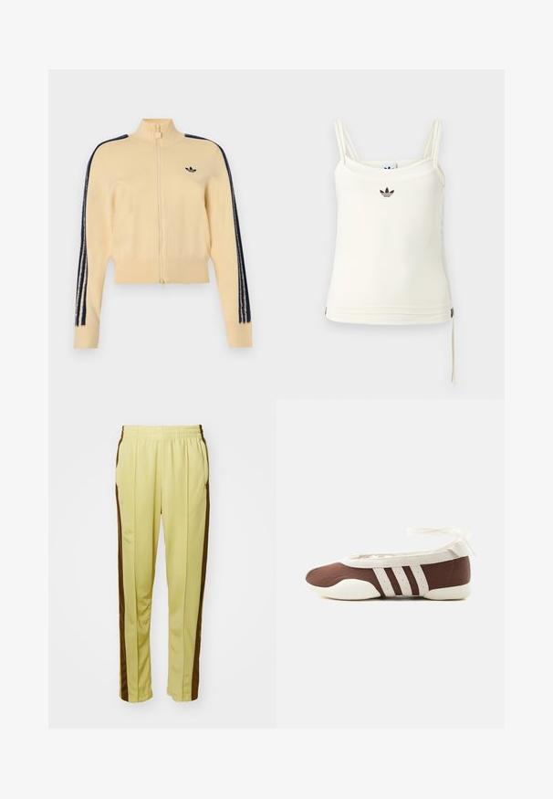 Beige trackjakke med lynlås og høj krave, sort Adidas trefoil-logo på brystet og tre sorte striber ned ad hver ærme.; Cremefarvet tanktop med tynde stropper; Adidas-logo i sort på brystet. Glat stof med en snorejustering ved kanten. Enkel design.; Gule træningsbukser med et glat stof, der har brune sidelister, elastisk talje og to sidelommer.; Brun og hvid balletflad sko med tre hvide striber og ankelbånds sløjfe på en ensartet lys baggrund.