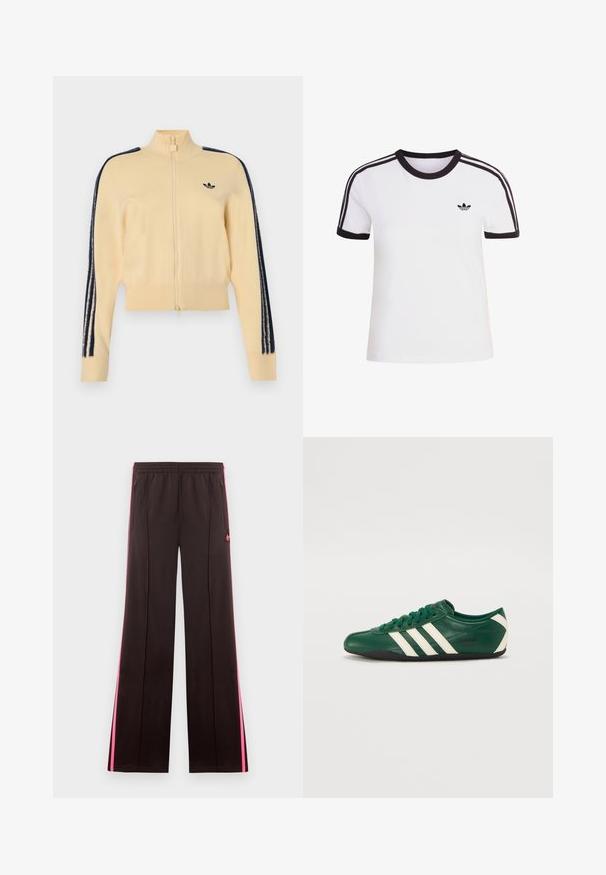 Beige Zip-up-Trainingsjacke mit hohem Kragen, schwarzem Adidas-Trefoil-Logo auf der Brust und drei schwarzen Streifen, die jeweils an den Ärmeln herunterlaufen.; Weißes kurzärmliges T-Shirt mit schwarzen Akzenten, mit rundem Ausschnitt und drei schwarzen Streifen auf jeder Schulter. Kleines schwarzes Logo auf der Brust.; Schwarze Sporthose mit pinken Seitenstreifen, elastischem Bund, Reißverschlusstaschen und Adidas-Logo am linken Oberschenkel.; Grüne Leder-Sneaker mit weißen Streifen, abgerundetem Zeh, Schnürdesign, schwarzer Sohle und "adidas TOKYO" Branding an der Seite.