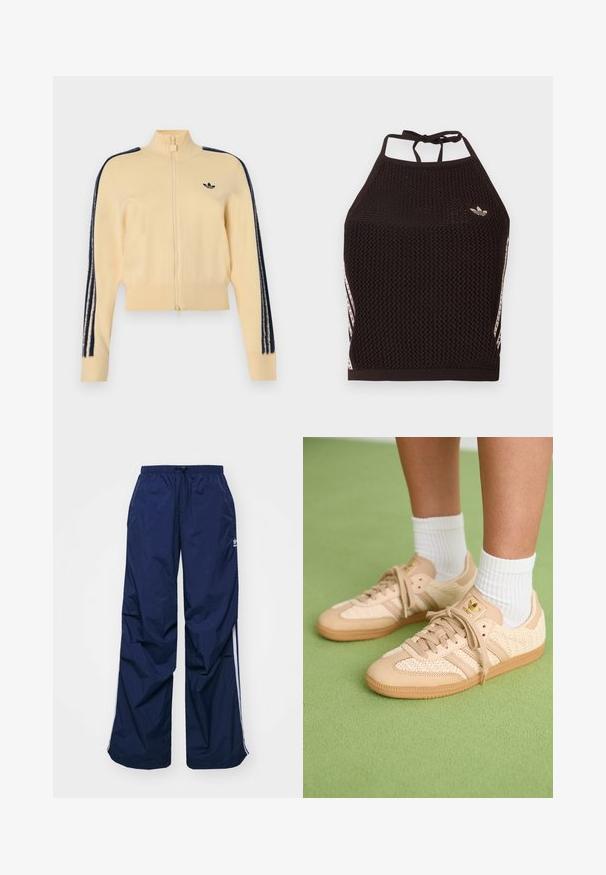 Béžová tréningová bunda na zips s vysokým golierom, čierne logo Adidas trefoil na hrudi a tri čierne pruhy na každom rukáve.; Čierny sieťovaný crop top so štruktúrovaným dizajnom. Má ružové akcentové pruhy a malú logo na prednej strane. Zaviazanie na chrbte.; Tmavomodré, ľahké nohavice s elastickým pásom a sťahovacou šnúrkou, so svetlými bočnými pásmi a malým logom na prednej strane. Strih voľného strihu.; Nohy v béžových tkaných teniskách Adidas s gumovými podrážkami a bielymi členkovými ponožkami na zeleno textúrovanom podlahe.