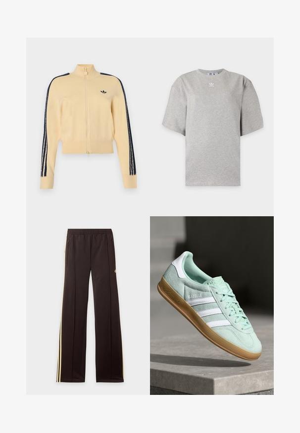 Beige trackjakke med lynlås og høj krave, sort Adidas trefoil-logo på brystet og tre sorte striber ned ad hver ærme.; Lysegrå Adidas T-shirt med korte ærmer, rund hals og lille hvid Adidas-logo på brystet, vist på en ensfarvet baggrund.; Sorte træningsbukser med gule sidelister, elastisk taljebånd, lynlåslommer i siderne og en lille logo på den øvre lår.; Adidas Gazelle sneakers i mintgrønt ruskind med hvide accenter, snørebåndslukning og en sål i gummigummi. Har tre hvide striber.