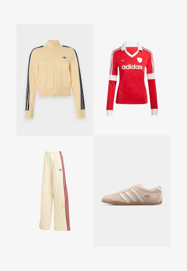 Beige trainingsjack met rits en hoge kraag, zwart Adidas trefoil-logo op de borst en drie zwarte strepen langs elke mouw.; Rode lange mouwen voetbalshirt met een witte kraag en manchetten. Heeft drie witte strepen op de schouders en het "adidas" logo prominent weergegeven.; Crèmekleurige wijde trainingsbroek met rode zijstrepen, elastische tailleband, ritssluitingzak en rood Adidas-logo op de dij.; adidas Originals TOKYO - Sneakers laag - quartz/off white