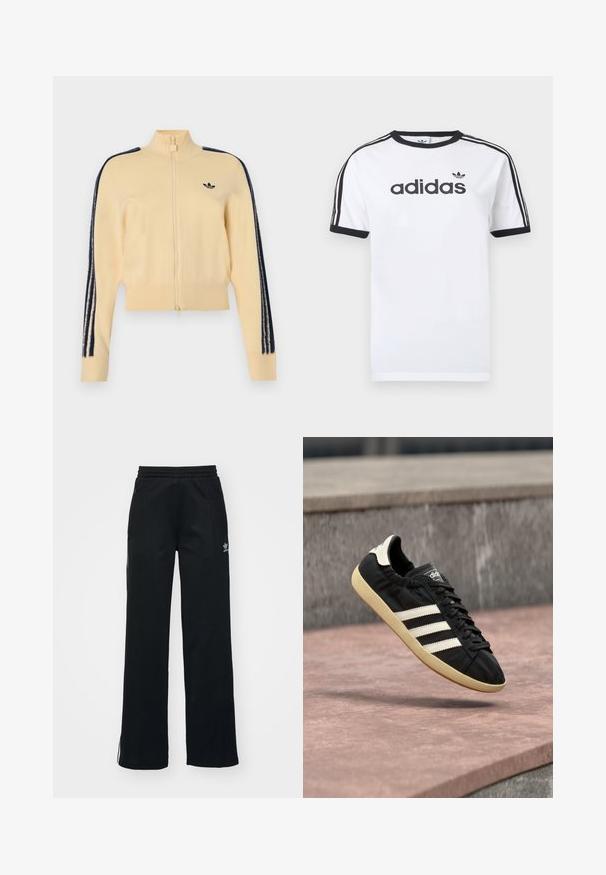 Béžová tréningová bunda na zips s vysokým golierom, čierne logo Adidas trefoil na hrudi a tri čierne pruhy na každom rukáve.; Biele bavlnené tričko s čiernymi akcentmi, so zapínaním okolo krku, krátkymi rukávmi, tromi čiernymi pruhmi na ramenách a čiernym logom „adidas“.; Čierne športové nohavice so voľným strihom, s viazaním v páse, bočnými zipsovými vreckami a diskrétnym bielym logom na ľavej nohe.; Čierna teniska Adidas s bielymi pruhmi a béžovou podrážkou, zachytená vo vzduchu nad kamenným povrchom a kamennou stenou v pozadí.