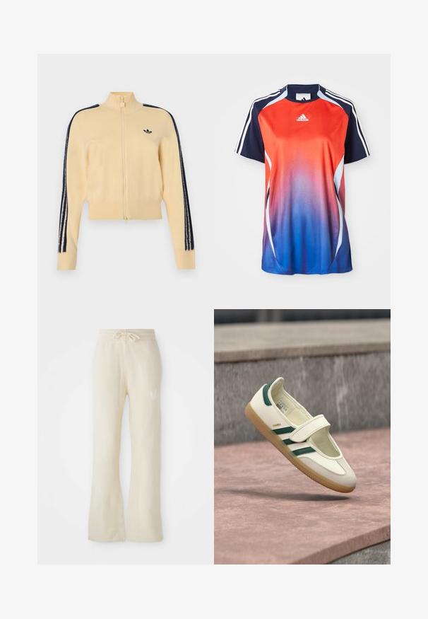 Beige trackjakke med lynlås og høj krave, sort Adidas trefoil-logo på brystet og tre sorte striber ned ad hver ærme.; Adidas kortærmet sports T-shirt med en gradient fra rød til blå, med marineblå akcenter og hvide striber langs skuldrene.; Cremefarvede sweatpants med en blød tekstur, featuring en snoretræk i taljen og flair ben. Diskret logo detalje på venstre hofte.; Hvid lædersko med grønne striber, rund tå, fastgjort med en rem. Gummisål, minimalistisk design, hævet syning langs de øvre kanter.