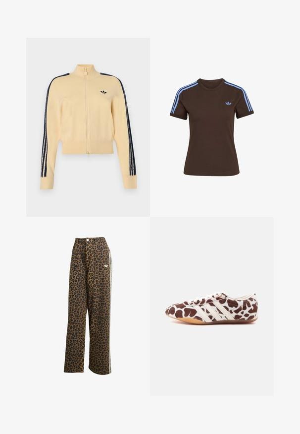 Beige Zip-up-Trainingsjacke mit hohem Kragen, schwarzem Adidas-Trefoil-Logo auf der Brust und drei schwarzen Streifen, die jeweils an den Ärmeln herunterlaufen.; Braunes Kurzarm-T-Shirt mit hellblauen drei Streifen auf den Schultern und kleinem hellblauem Adidas-Logo auf der linken Brust.; Leopardenmuster breite Hosen in Braun mit schwarzen Flecken, mit hoher Taille und weißen Seitenstreifen, aus Baumwollstoff gefertigt.; Flacher Sneaker mit braun-weißem Giraffenmuster aus Fell und weißen Lederstreifen, seitlich auf weißem Hintergrund dargestellt.