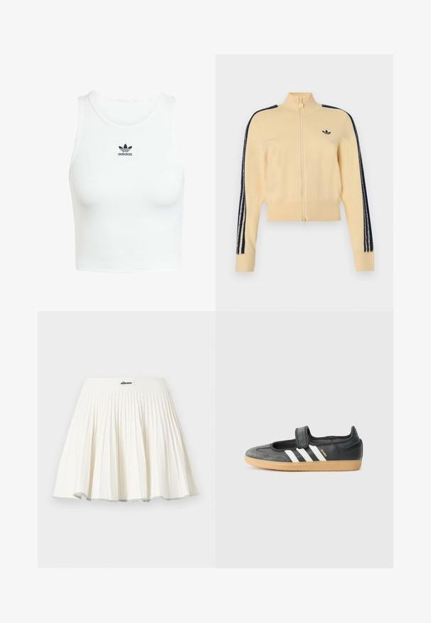Chaqueta deportiva beige con cremallera y cuello alto, logo negro de Adidas trefoil en el pecho y tres franjas negras a lo largo de cada manga.; Camiseta sin mangas de algodón blanca con una textura de canalé ajustada, escote redondo y logo de Adidas bordado en negro en la parte frontal.; Falda de tenis blanca plisada con una cinturilla ancha que presenta un pequeño parche con el logo de ellesse en el centro delantero.; Zapatilla de deporte de cuero negro y ante con una correa de Velcro, que presenta tres rayas blancas y una suela de goma, etiquetada "SAMBA" en el lateral.