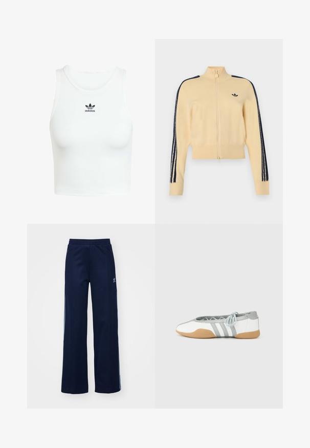 Beež värvi lukuga spordijakk kõrge kraega, must Adidas trèfoil logo rinnal ja kolm musta triipu igal varrukal.; Valge puuvillane tank top, millel on vormiv ribatud tekstuur, ümmargune kaelus ja ees must õmmeldud Adidas logo.; Tumesinise puuvillaseguse kangaga dressipüksid laia säärekujundusega, elastse värvliga ja tõmblukkudega taskutega, millel on valged külg triibud ja logodetail.; Valged ja hallid baleriinakingad ümara varbaga ja elastse paelaga, millel on kolm halli triipu ning beež kummist tald.