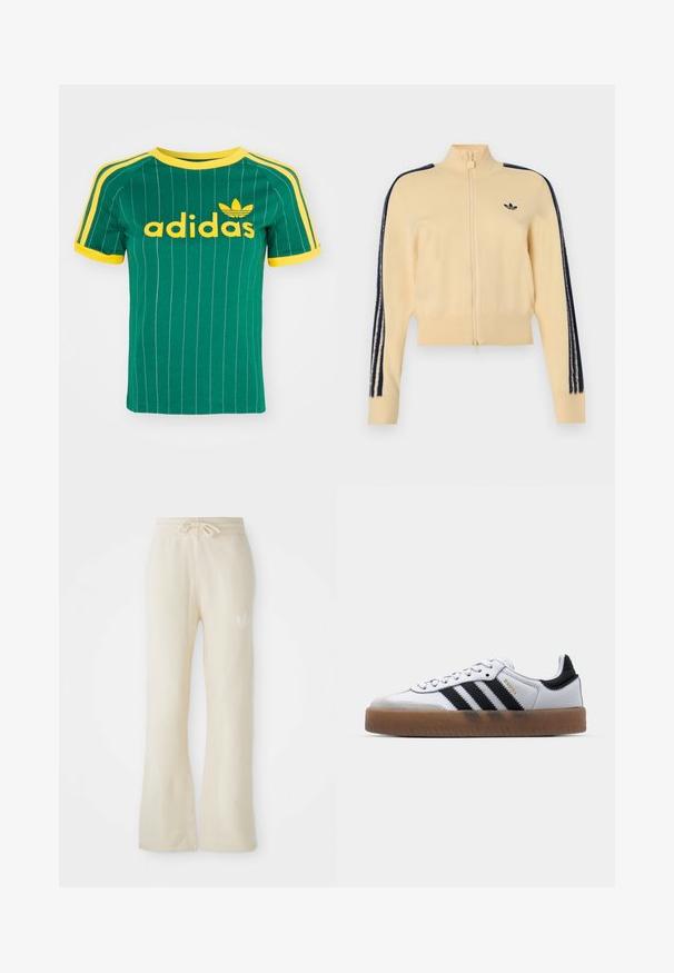 Beige trackjakke med lynlås og høj krave, sort Adidas trefoil-logo på brystet og tre sorte striber ned ad hver ærme.; Grøn bomulds T-shirt med lodrette hvide striber, gule accenter og "adidas" logo i gul skrift. Kortærmet og rund hals design.; Cremefarvede sweatpants med en blød tekstur, featuring en snoretræk i taljen og flair ben. Diskret logo detalje på venstre hofte.; Hvide lædersneakers med sorte striber, gummirubber sål, rund tå, snørelukning og blød grå ruskinds tåhætte.