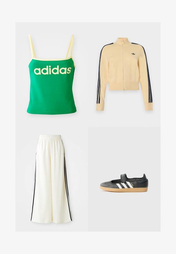 Beige värinen vetoketjullinen juoksutakki korkealla kauluksella, musta Adidas trefoil -logo rinnassa ja kolme mustaa raitaa jokaisessa hihassa.; Vihreä tankkitoppi keltaisilla yksityiskohdilla, valmistettu joustavasta materiaalista. Edessä on suuri keltainen "adidas"-logo ja ohuet olkaimet.; Valkoiset leveälahkeiset housut, joissa on joustava vyötärönauha ja mustat pystysuorat raidat ulkopuolisilla saumoilla.; Mustat nahka- ja mokkanahkalenkkarit, joissa on tarranauha, kolme valkoista raitaa ja kumipohja. Sivussa lukee "SAMBA".
