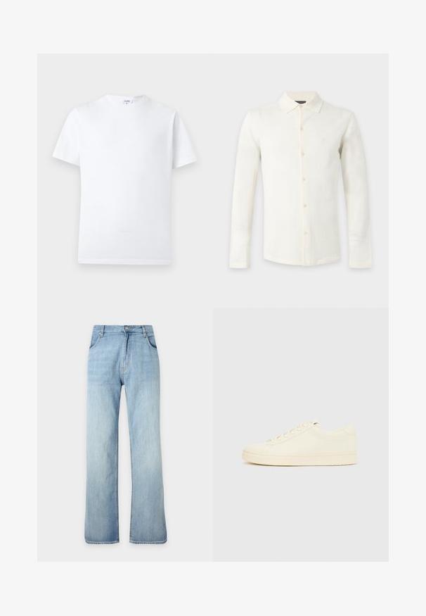 Long-sleeve white button-up shirt with a classic collar, minimal design, and a small embroidered logo on the left chest side.; Plain white short-sleeve crew neck T-shirt with a small interior label at the neckline, displayed against a neutral background.; Light blue straight-leg denim jeans with front button and zip closure, front pockets, and belt loops, shown against a plain background.; Cream-colored sneaker with a smooth leather upper, rounded toe, lace-up front, and a textured rubber sole. Minimalist design, no logos.