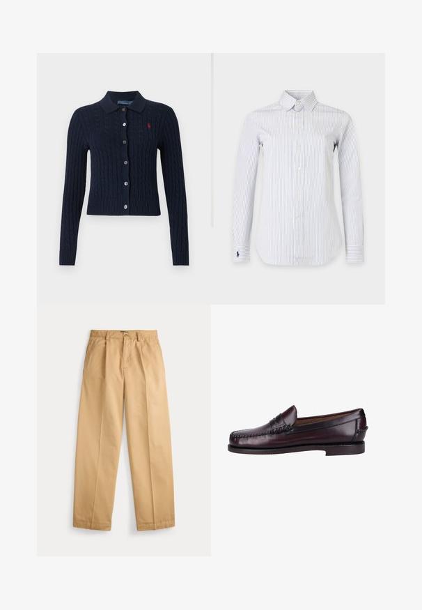 Mørkeblå kabelstrikket cardigan med krave, knaplukning foran, lange ærmer og lille rødt broderet logo på venstre bryst.; Hvid langærmet skjorte med tynde, lodrette navy striber, spids krave og broderet navy polospiller-logo på venstre manchet.; Beige bukser med lige ben, lukning med knap og lynlås, forlommer, bæltestropper og pressede folder ned langs benene.; Brune læder loafers med en glat finish, syninger på overdelen og en lav stablet hæl. Klassisk slip-on design med en rund tå.