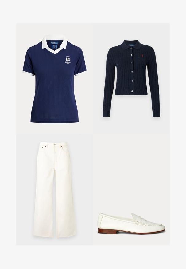 Cardigan bleu marine en maille torsadée, avec col, boutonné sur le devant, manches longues et petit logo rouge brodé sur la poitrine gauche.; Polo bleu marine à manches courtes avec col et poignets blancs, logo Wimbledon 1877 sur la poitrine gauche, par Polo Ralph Lauren.; Jean blanc taille haute à jambes larges, avec bouton et fermeture éclair à l'avant, design cinq poches et détails en rivets en cuivre.; Mocassin en cuir blanc à enfiler avec un petit talon marron et des détails cousus sur le dessus et les côtés.