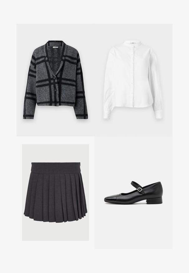 Mørkegrå cropped cardigan lavet af blød uld, med et sort ternet mønster, sjalskrave og to sorte knapper fortil.; Hvid langærmet bluse med høj krave, frontknaplukning, let puffede ærmer og bølget kant langs knapper og manchetter.; Grå plisseret nederdel med flad talje og lynlås, lavet af et struktureret stof med jævnt fordelte dybe plisseringer.; Sorte læder Mary Jane-sko med en patenttå, justerbar ankelrem og lav blokhæl. Glat tekstur og strømlinet design.