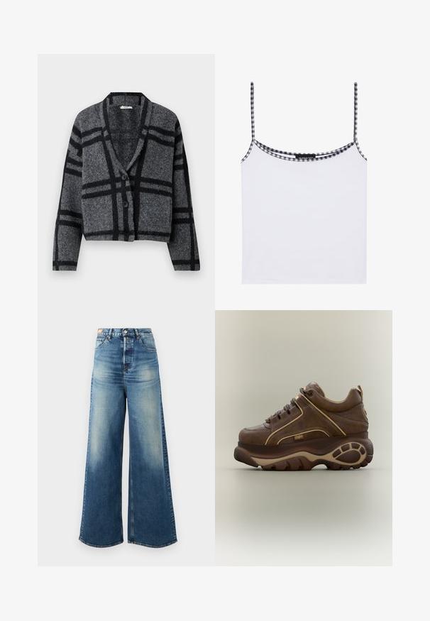 Donkergrijze cropped cardigan van zachte wol, met een zwart geruit patroon, een sjaalkraag en twee zwarte knopen aan de voorkant.; Witte tanktop van zacht materiaal, met smalle spaghettibandjes en een zwart-wit geruite rand langs de halslijn.; Wijde blauwe denim jeans met een vervaagde afwerking, hoge taille en klassiek vijf-pocket ontwerp. Voorzien van koperen hardware en rafelige zomen.; Bruine leren plateau-sneaker met dikke rubberen zool, beige accenten, vetersluiting aan de voorkant en een klein "Buffalo"-logo aan de zijkant.