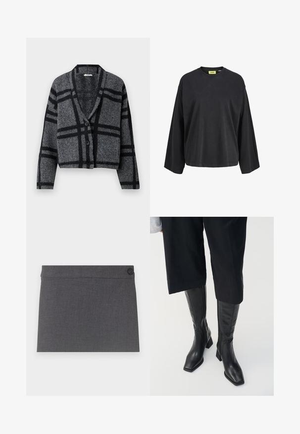 Dunkelgraue, verkürzte Strickjacke aus weicher Wolle, mit einem schwarzen Karomuster, einem Schalkragen und zwei schwarzen Knöpfen auf der Vorderseite.; Schwarzes Langarmshirt mit Rundhalsausschnitt, lockerer Passform und gelbem Markenetikett im Krageninneren.; Grauer Stoffrock mit glatter Textur, geradem Schnitt und einem einzelnen schwarzen Knopf am Taillenbund, mit einer klaren und einfachen Ästhetik.; Schwarze Lederstiefel bis zum Knie mit quadratem Zehen und Blockabsatz. Mit einem seitlichen Reißverschluss und glatter Textur.