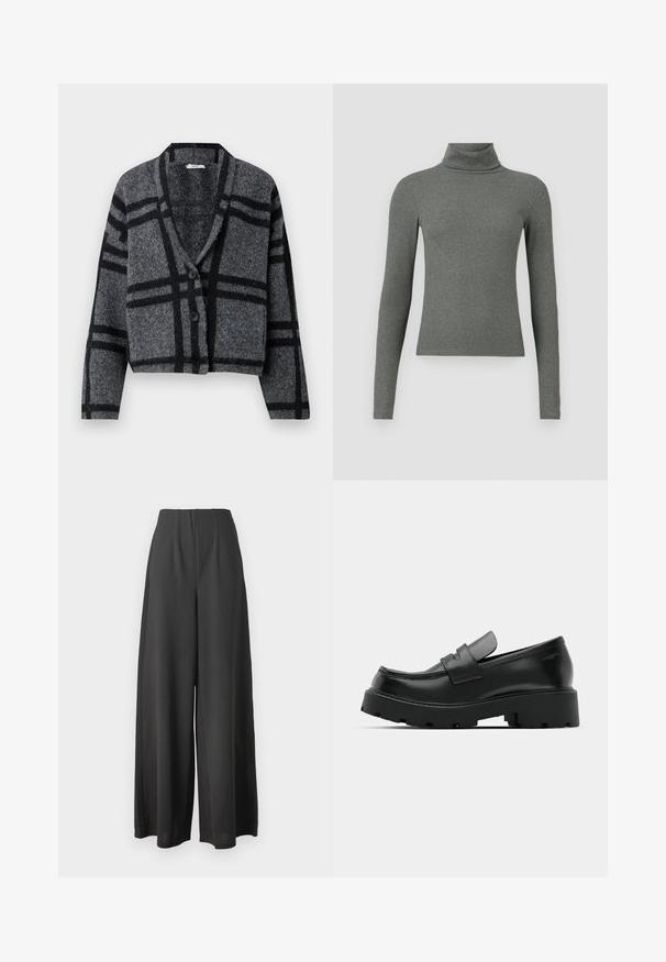 Cardigan corto gris oscuro hecho de lana suave, con un patrón de cuadros negros, cuello de chal y dos botones negros en la parte delantera.; Top de cuello alto de manga larga color gris, hecho de un suave material acanalado, con un diseño ajustado y un cuello alto.; Pantalones de pierna ancha negros, confeccionados con una tela suave, que presentan una cintura alta y un diseño plisado para añadir textura y dimensión.; Mocasines de cuero negro con suela gruesa y texturizada, que presentan una correa sobre el empeine y un acabado suave y pulido.