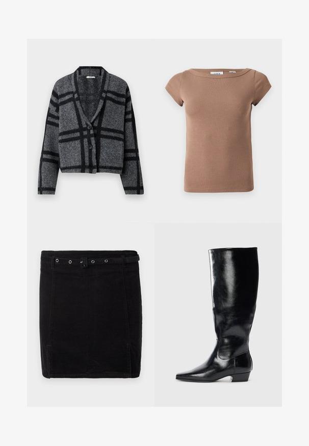 Mørkegrå cropped cardigan lavet af blød uld, med et sort ternet mønster, sjalskrave og to sorte knapper fortil.; Brun, ribbet kortærmet top med bådudskæring. Blødt, strækbart stof med en tætsiddende silhuet og minimalistisk design. Ingen synlige logoer.; Sort fløjlsskjørt med en tætsiddende pasform, der har et bælte, sølvhardware og en diskret vertikal ribbeting. ; Sort læderknæhøj støvle med en skinnende finish, spidse tæer og lav blokhæl. Har en glat tekstur og minimalistisk design.