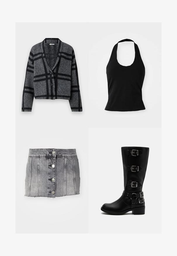 Cardigan cropped gris foncé en laine douce, avec un motif à carreaux noirs, un col châle et deux boutons noirs à l'avant.; Haut halter noir en tissu doux, avec un col rond et une silhouette ajustée, à la texture lisse et sans motifs visibles.; Jupe en denim gris à taille haute, avec cinq boutons en argent, des coutures verticales et un ourlet brut. A une silhouette ajustée et une texture douce.; Botte en cuir noire mi-mollet avec quatre boucles métalliques réglables et un petit talon bloc sur fond blanc.