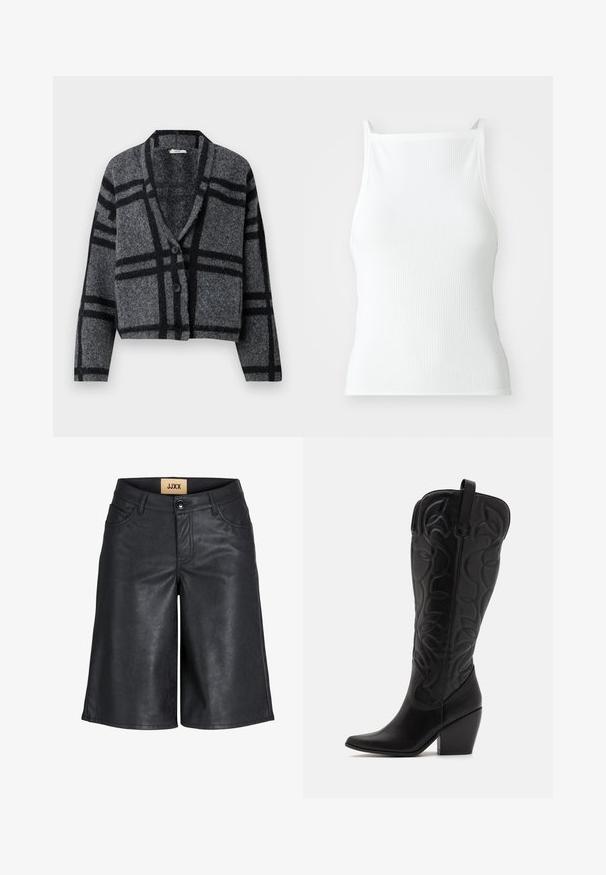 Mørkegrå cropped cardigan lavet af blød uld, med et sort ternet mønster, sjalskrave og to sorte knapper fortil.; Hvid ribbet top med tynde stropper, der har et tætsiddende design og en glat tekstur. Stofmaterialet ser elastisk og let struktureret ud.; Sorte knælange shorts i imiteret læder med frontknap, bæltestropper og JJXX-mærke på den indvendige talje.; Sorte knæhøje støvler i læder med spids snude og lagdelt hæl. Har dekorative syninger og buede designelementer.