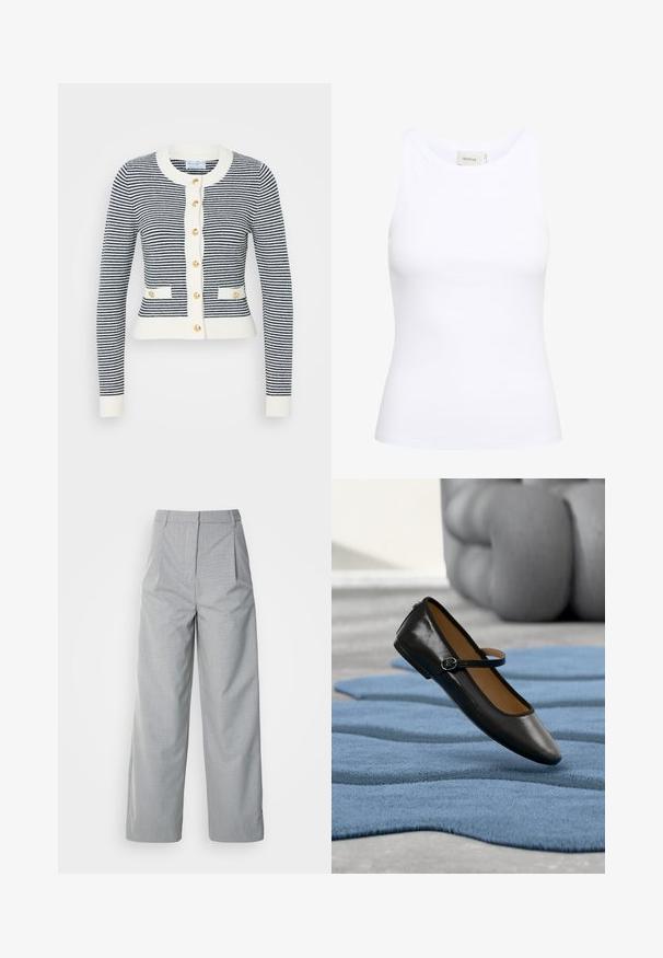 Marine- og hvide stribede cardigan med rund hals, ribbede ærmer og gyldne knapper. Har to forlommer og cropped længde.; Hvid ribbet tanktop med rund halsudskæring og uden ærmer. Strækbart stof og tætsiddende design. Etiketten bagpå viser "GESTUZ."; Grå bredebukser lavet af tekstureret stof, med høj talje, læg foran og en lige pasform ned til kanten.; Sort læder Mary Jane-sko med spænde, vist på et struktureret blåt tæppe, med en sløret grå tuftet sofa i baggrunden.