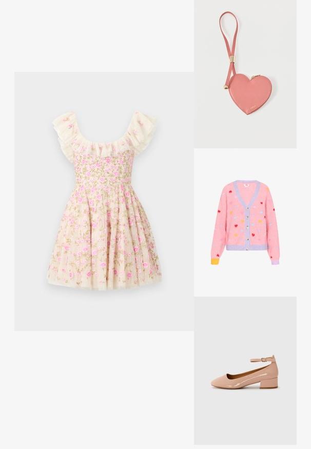 Cárdigan rosa con escote en forma de V, ribetes morados y patrones multicolor en forma de corazón. Presenta cinco botones y puños acanalados.; Vestido bordado floral en color crema, con mangas rizadas, flores rosas y una falda acampanada. Fabricado con una tela ligera.; Zapatilla plana de charol rosa con punta redondeada, tira al tobillo y tacón bajo. Textura suave y diseño minimalista.; Monedero de cuero rosa en forma de corazón con correa para la muñeca y cremallera dorada, con la marca "Furla" en pequeño texto dorado.