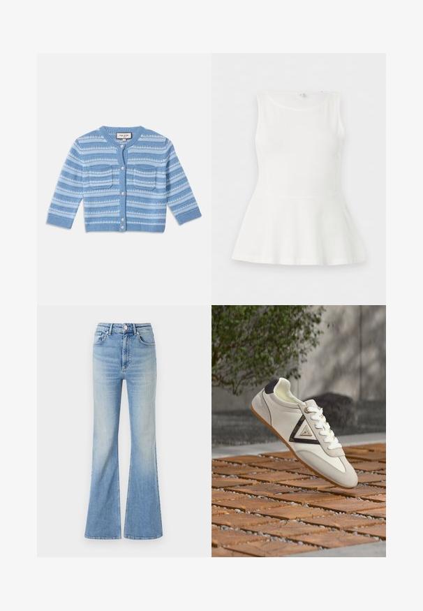 Lyseblå strikket cardigan med vandrette striber, to frontlommer og rund halsudskæring med knaplukning. Blød tekstur.; Hvid ærmeløs peplum top med rund halsudskæring og figursyet talje, vist fladt på en ensartet hvid baggrund.; Lyseblå flared jeans lavet af denim, med høj talje, fem-lommekonstruktion og en subtil gradientafblegning mod kanten.; Hvid sneaker med ruskindsd detaljer, sort hælpatch og trekantet logo på siden, vist over tekstureret træ- og stenbelægning.