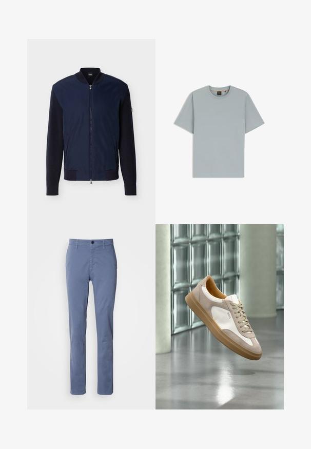 Veste bomber bleu marine avec manches en maille, col côtelé, poignets, ourlet, fermeture éclair frontale, deux poches latérales et logo BOSS sur l'étiquette du col.; T-shirt gris clair à manches courtes et col rond avec un logo discret "BOSS" centré sur la poitrine et une étiquette de marque noire et orange à l'intérieur du col.; Pantalons droits bleus avec fermeture à bouton et à zip, passants de ceinture et poches avant, présentés sur un fond blanc.; Baskets beige et blanches avec semelle marron clair et logo « BOSS », suspendues au-dessus d’un sol lisse et réfléchissant avec un mur en parpaings de verre en arrière-plan.