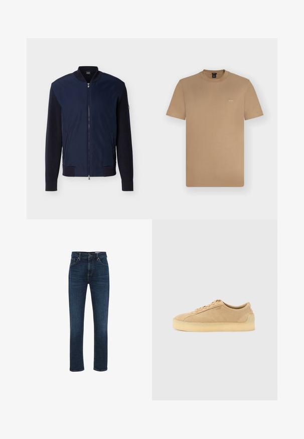 Navyblå bomberjakke med strikkede ærmer, ribstrikket krave, manchetter og kant, frontlynlås, to sidelommer og BOSS-logo på kraveetiketten.; Kortærmet T-shirt med rund hals i tan med lille hvid "BOSS"-logo på venstre bryst, vist på en ensfarvet lys baggrund.; WE Fashion BLUE RIDGE - Jeans Straight Leg - dark blue; Beige ruskind lavtop-sneaker med tyk gummsål, snørebånd foran og diskret branding på siden på en ensartet lys grå baggrund.