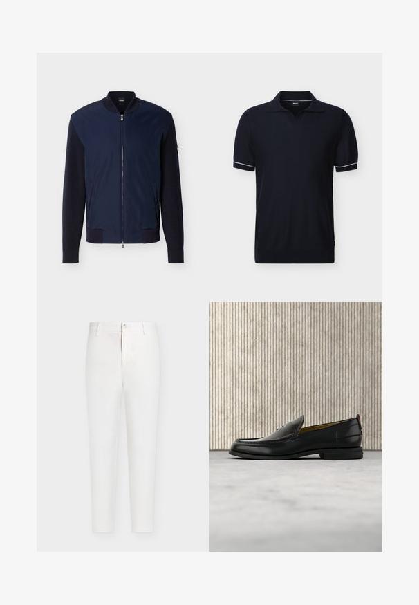 Veste bomber bleu marine avec manches en maille, col côtelé, poignets, ourlet, fermeture éclair frontale, deux poches latérales et logo BOSS sur l'étiquette du col.; Polo noir à manches courtes avec bordure blanche sur les poignets et col ouvert, présenté sur un fond clair uni.; Pantalon blanc taille haute à jambes droites avec passants de ceinture, fermeture par bouton et braguette zippée sur un fond uni gris clair.; Mocassin pour homme en cuir noir avec un dessus embossé effet croco et un petit talon, présenté de profil sur un fond neutre.