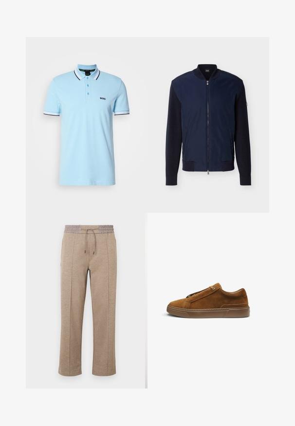 Marineblaue Bomberjacke mit gestrickten Ärmeln, geripptem Kragen, Bündchen, Saum, Frontreißverschluss, zwei seitlichen Taschen und BOSS-Logo auf dem Kragenetikett.; Helles blaues Poloshirt mit kurzen Ärmeln, weißem und schwarzem gestreiftem Kragen und Bündchen, drei Knöpfen und "BOSS"-Logo auf der linken Brust.; Hellbraune, locker sitzende Hose mit elastischem Bund und Kordelzug. Glatte Textur mit Seitennähten und zulaufenden Beinabschlüssen.; Brauner Wildleder-Sneaker mit flacher Gummisohle, Schnürung vorne und minimalistischen Nahtdetails, im Profil auf weißem Hintergrund gezeigt.