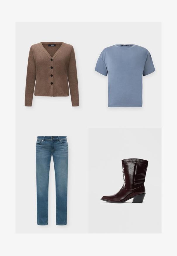 Cardigan marron à col en V avec manches longues et quatre boutons noirs sur le devant, présenté sur un fond blanc uni.; T-shirt à manches courtes et col rond en bleu uni atténué, présenté à plat sur fond blanc.; Jean denim bleu droit avec poches avant, passants pour ceinture et fermeture par bouton, présenté sur un fond clair.; Bottines en cuir bourgogne avec un bout pointu, une surface texturée et un petit talon effilé. Présente une couture discrète et un ajustement confortable.