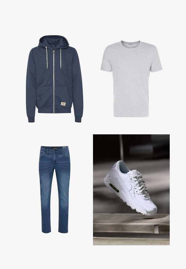 Marineblå hættetrøje med fuld lynlås, hvide snore, forreste kængurulomme og lille beige mærke på den nederste forside.; Grå bomulds T-shirt med rund hals, korte ærmer og et enkelt design, som har en blød, glat tekstur uden synlige mønstre eller udsmykninger.; Denim jeans i en mellemblå nuance med lige pasform. Funktioner inkluderer klassisk fem-lommers design og subtile falmende mønstre på stoffet.; Hvide lædersneakers med teksturerede overflader, polstret krave og synlig luftpolstring i sålen. Har snørrebånd og et minimalistisk design.