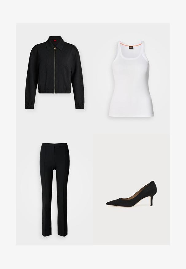 Schwarze langärmelige Reißverschlussjacke mit Kragen, elastischen Bündchen und Saum, dezentem Prägungsmuster und goldenem Reißverschlusszug vorne geschlossen.; Weißes, geripptes Tanktop mit rundem Ausschnitt, das ein schmales Trägerdesign und einen orangefarbenen Akzent entlang des inneren Ausschnitts aufweist. Markenlogo sichtbar.; Schwarze Hosen mit taillierter Passform, die eine glatte Textur, ein gerades Bein-Design und subtile Nahtdetails an der Vorderseite aufweisen.; Schwarzer Wildleder-Pumps mit spitzer Schuhspitze, schlankem mittelhohem Stiletto-Absatz und tiefem Ausschnitt auf einfachem Hintergrund.
