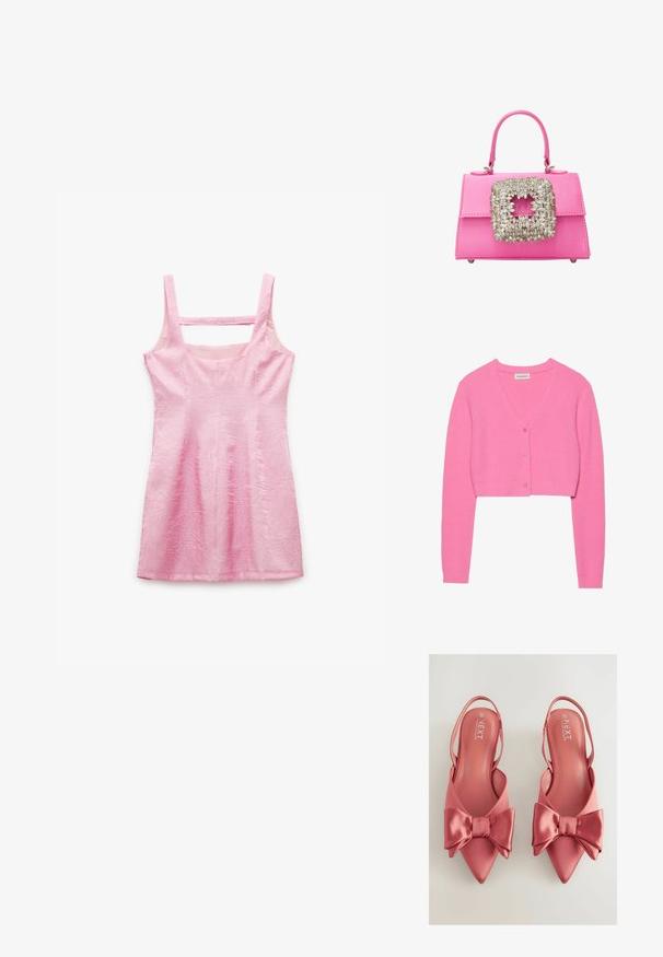 Lyserød, cropped cardigan lavet af tekstureret strikstof. Har V-udskæring, lange ærmer og fem matchende knapper foran.; Lyserød ærmeløs kjole med tekstureret stof, lige halsudskæring og firkantet udsnit bagpå. Har en tætsiddende silhuet og knælængde.; Lyserøde satin slingback-sko med spids tå og stort bånddetalje foran. Glat tekstur og åbent hældesign.; Rosa satin skuldertaske med et struktureret design, der har en stor smykkeklædt firkantet lås og korte håndtag. Bunden har metalfødder for stabilitet.